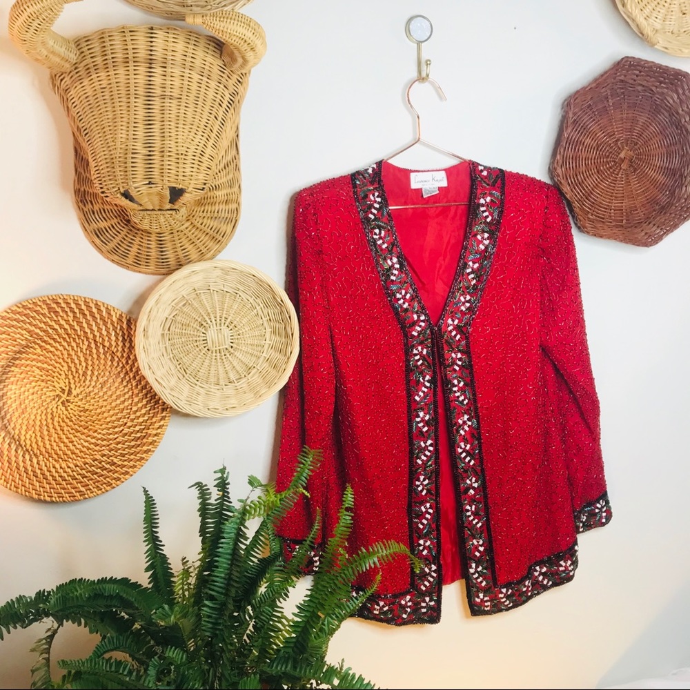 Vintage Red Cardigan with Black and White Accents